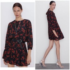 Zara Black Red Floral Tiered 3/4 Sleeves Mini Dress size XS