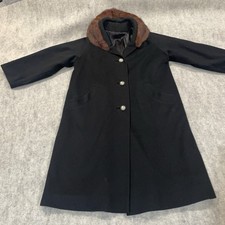 Vtg Carol Brent Wool Coat Fur Collar Womens Medium Black Long A-Line Swing 60s