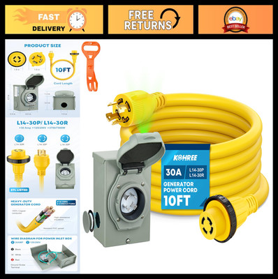 30 Amp Generator Cord & Power Inlet Box Kit, 10ft 4 Prong NEMA L14-30P/L14-30R,