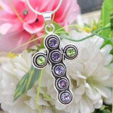 Croce in argento sterling 925 con taglio peridoto ametista sfaccettata regalo...