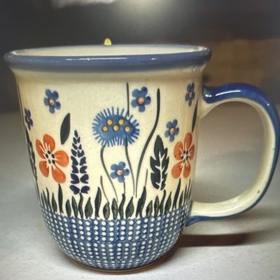 Wiza Boleslawiec Polish Pottery Mug Blue/White/Orange Floral Hand Painted
