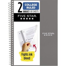 Five Star Spiral Notebook, 2 Subject, College Ruled Paper, 6" x 9-1/2", Gray