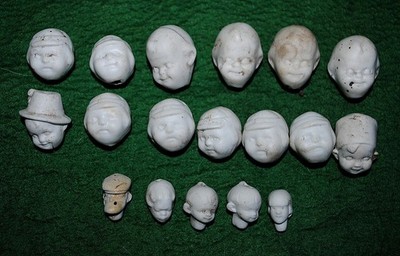 18 antique German bisque doll heads, unpainted,  Puppenköpfe,0916