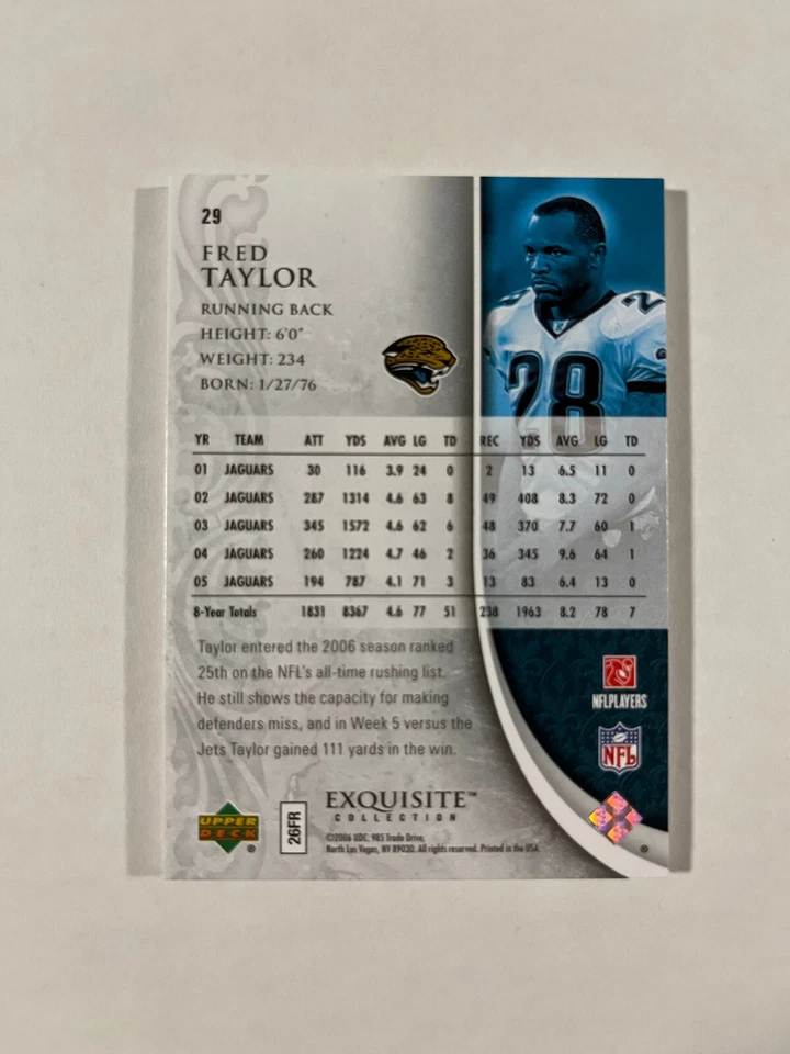 2006 Upper Deck Exquisite Collection FRED TAYLOR #29 Base Card Jaguars /150 - Image 2 of 2