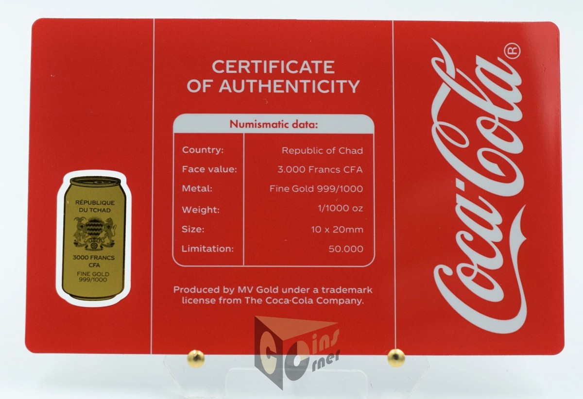 Coca Cola Can 1/1000 Oz 999 Gold Shaped Coin 3000 Francs Chad | eBay