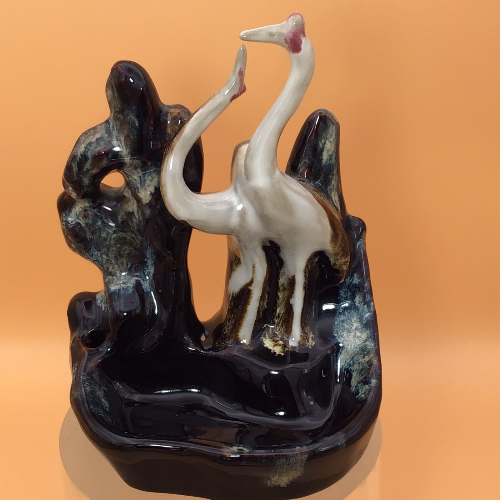 Majolica Figural Crane Pipe Dish Dresser Valet Vintage Japanese Pottery  -image