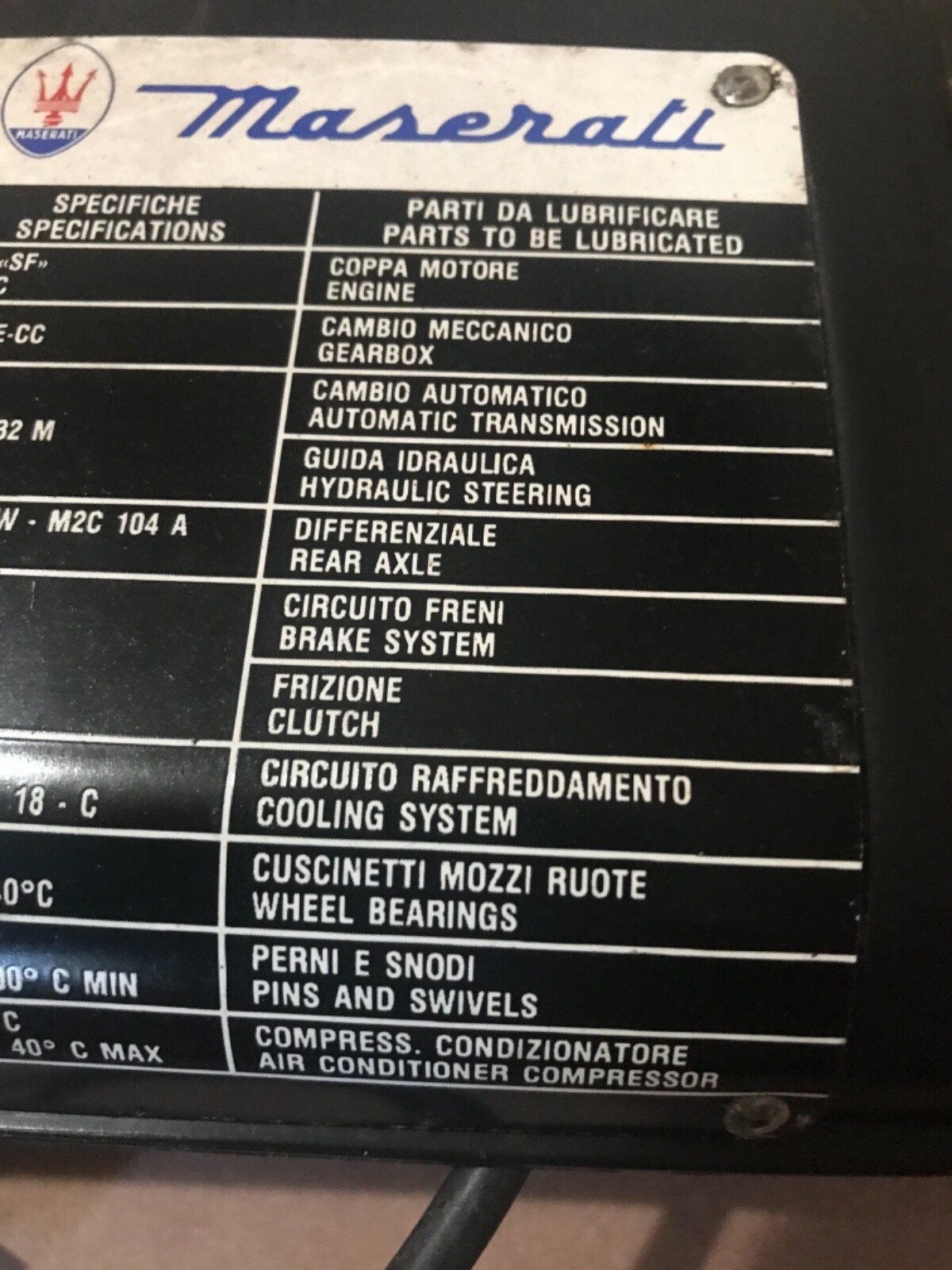 Vintage Maserati biturbo 228 430 lubrication chart plate cover air sensor agip 
