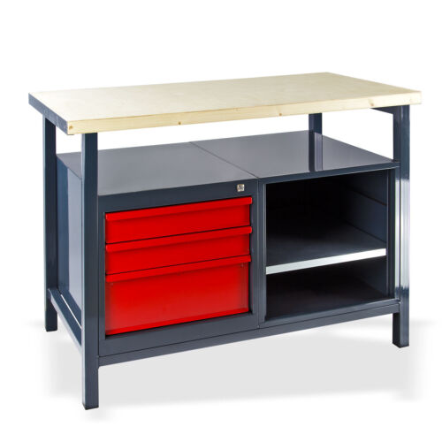 Werkbank Werktisch Arbeitstisch Werkstatttisch Tisch rot anthr. mit 3 Schubladen - Bild 1 von 5