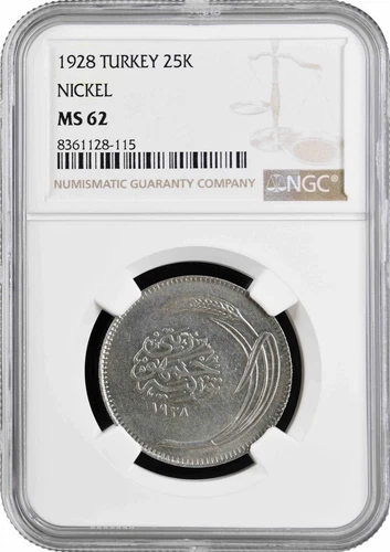 Turkey 25 Kurus 1928, NGC MS62, "Republic of Turkey (1922 - 1933)" Nickel