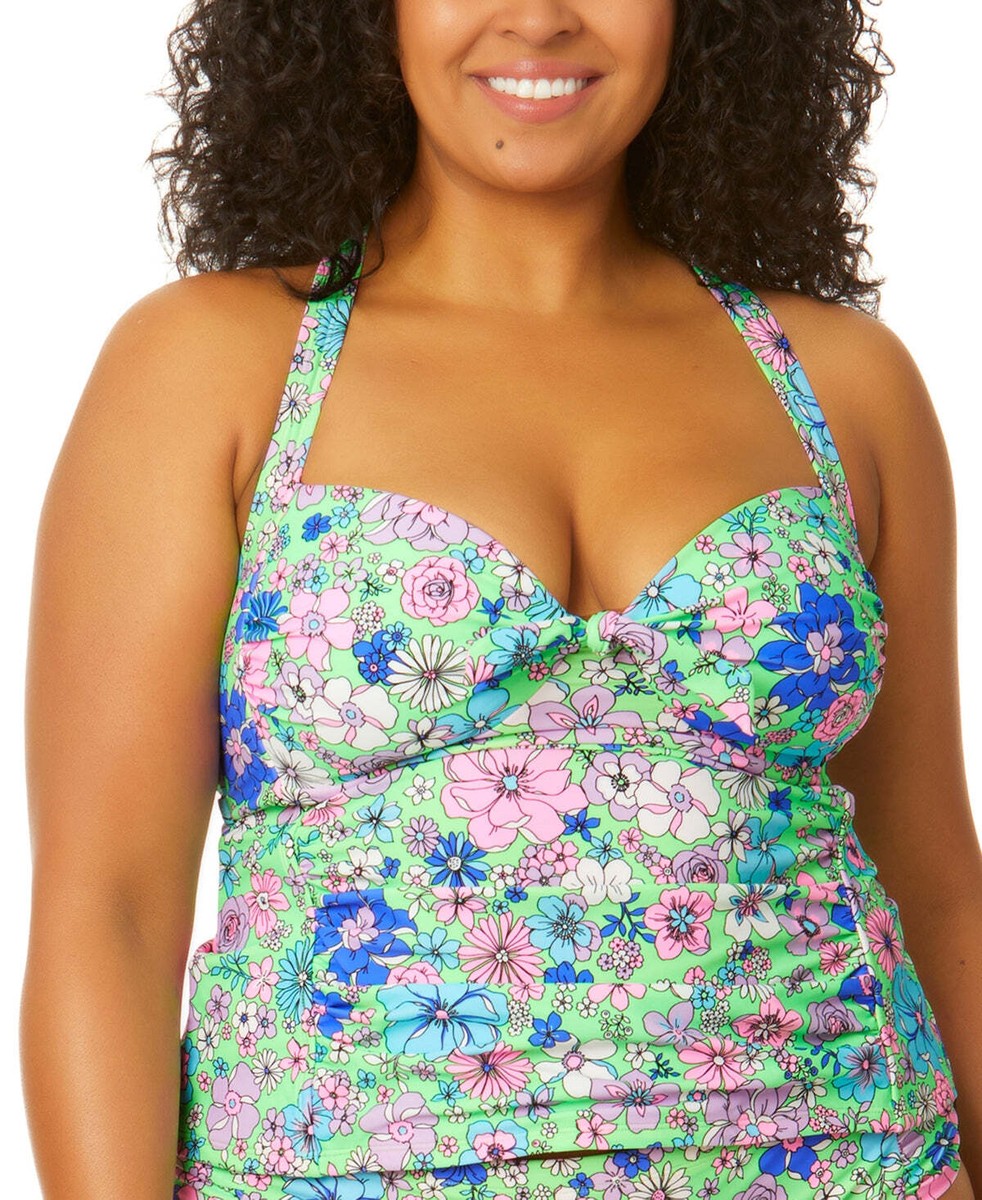 Salt Cove Trendy Plus Size Peony Party Molded-Cup X-Back Tankini, Size 0X