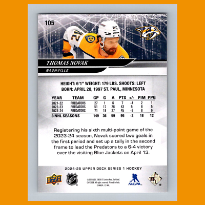 Thomas Novak #105 2024 Upper Deck Nashville Predators Hockey Card