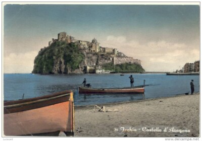 ISCHIA -NAPLES -CASTLE OF ARAGON -FISHING BOAT -WATERCOLOR