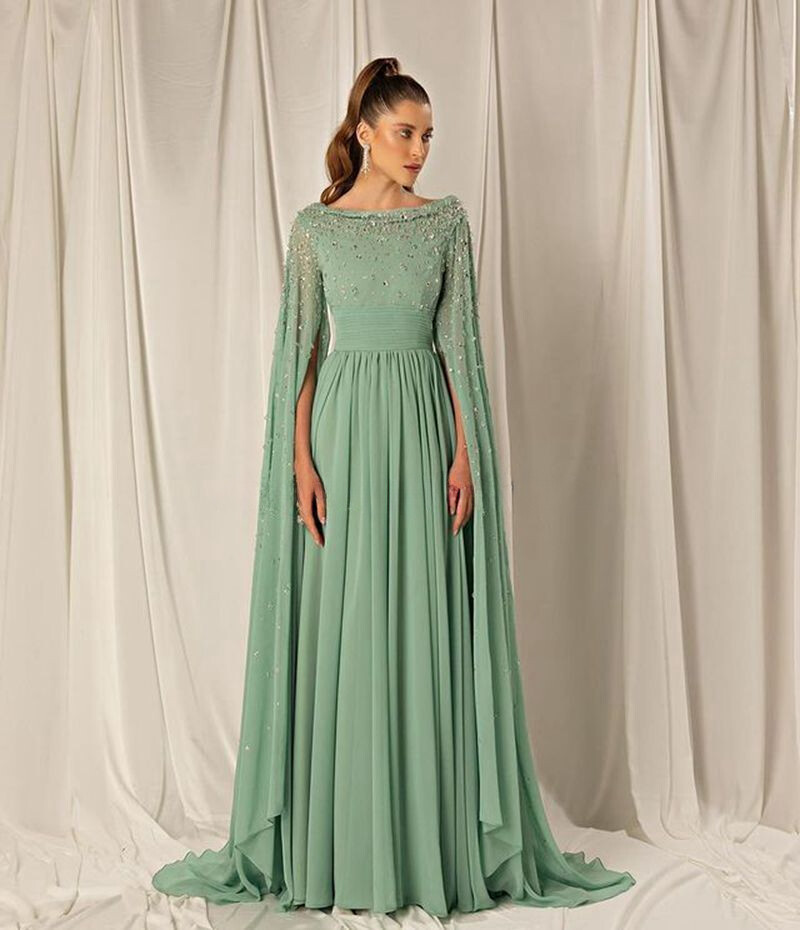 A-line Mint Green Evening Dresses Chiffon Cap Sleeves Crystals
