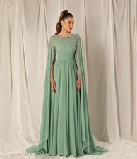 A-line Mint Green Evening Dresses Chiffon Cap Sleeves Crystals Party Prom Gowns