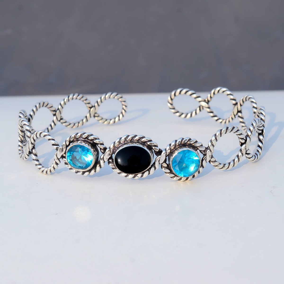 Bangle Black Onyx & Blue Topaz Gemstone 925 Sterling Silver