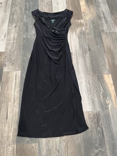 Ralph Lauren Women's Sequin Ruched Black Gown Long Dress Slit Stretch Sz 4 - Picture 5 of 10