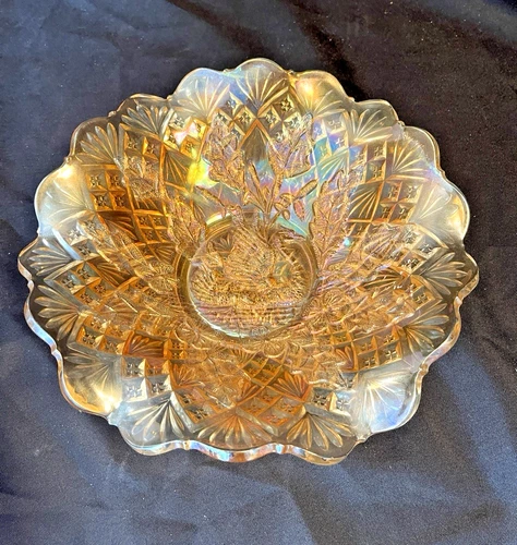 Vintage Millersburg Nesting Swan Carnival Glass Ruffle Bowl Diamond Fan Marigold