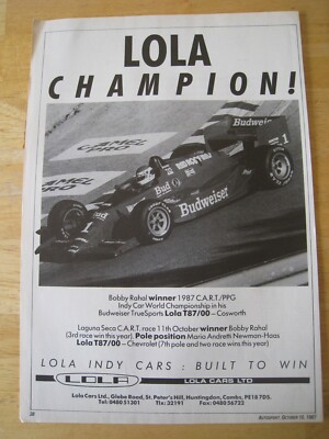 LOLA CHAMPION BOBBY RAHAL GEWINNER MARIO ANDRETTI NEWMAN 1987 WERBUNG A4 AKTE 47