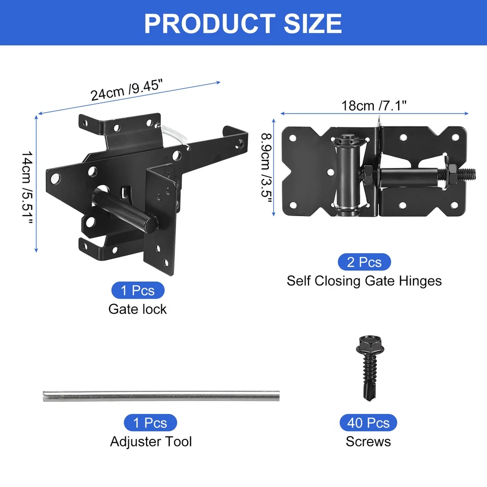 2pcs Self Closing Gate Hinges and Gate Latch Hardware Kit for Wooden Fence Black Foto 2 de 4