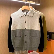 Men's Autumn And Winter Knitted Color Stitching Turnover Neck Sweater Coat Sho