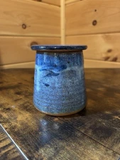Handmade Studio Pottery Blue Butter Crock Keeper with Lid Signed by Artist