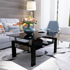 Rectangle Glass Top Coffee Table, Two-Tier Black Tea Table, Modern Center Table