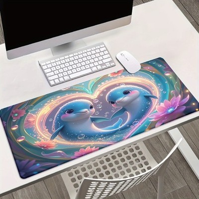 40*90cm1pc Whimsical Dolphin Heart Design XXL Mouse Pad - Vibrant Underwater Sce