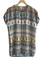 J Jill Block Print Blue Yellow Floral M Button Down Shirt Tunic Boho Folk Artsy