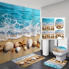 Waves Shell Starfish Shower Curtain Bathroom Rug Bath Mat Toilet Lid Cover Decor
