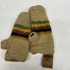 Wool Fleece Lined Fingerless Gloves Hand Knit TAN GRN Made In Nepal Texting NEW