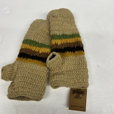 Wool Fleece Lined Fingerless Gloves Hand Knit TAN GRN Made In Nepal Texting NEW