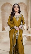 New Launching Chinon Silk Mustard Yellow Palazzo Suit With Dupatta For Festival