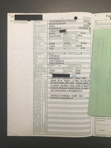 Opel Rekord E 2.0N 1980 Dokumente 1956 ccm Motor 90 PS Abmeldung 02/87 TSN 534