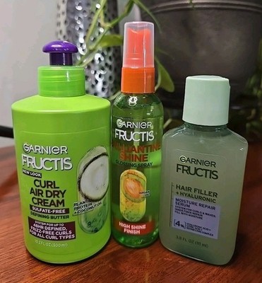 Garnier Fructis Brilliantine Shine Gloss Spray, Curl Air Dry Cream&Repair Serum