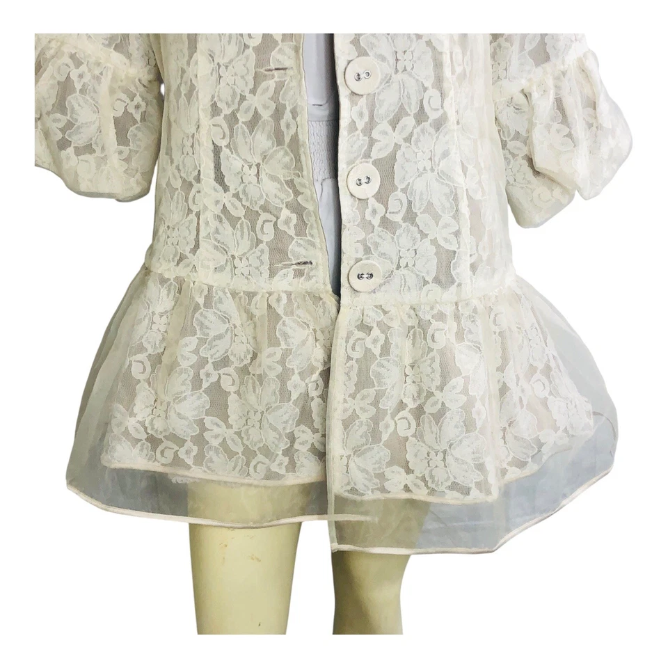 Abrigo Chaqueta Anthropologie Ryu Blanco Encaje Transparente Botón Frontal Boho Romántico Talla L Foto 3 de 4