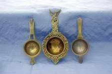 VINTAGE BRASS TEA STRAINERS 3 PIECES   E.P.N.S  MADE IN ENGLAND