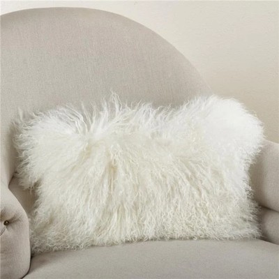 SARO 3564.I1220B 12 x 20 in. Wool Mongolian Lamb Fur Throw Pillow Ivory