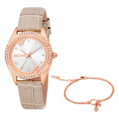 Uhr Just Cavalli JC1L361L0035 Damen Quarz Armband Leder Zifferblatt Silber Neu