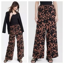 A New Day Linen Wide Leg Pants Small Brown Black Print High Rise Pull On
