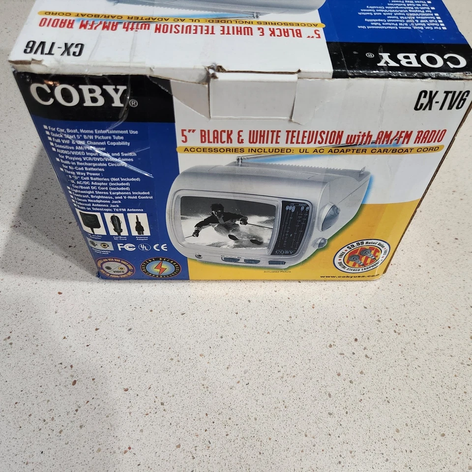 New 5” Coby CX-TV6 Portable Black White Mini TV AM/FM Radio & Digital Earphones - Image 4 of 4