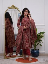 Pure Cotton Maroon Hand Block Print Kurti Pant and Dupatta Set For Women  Girls