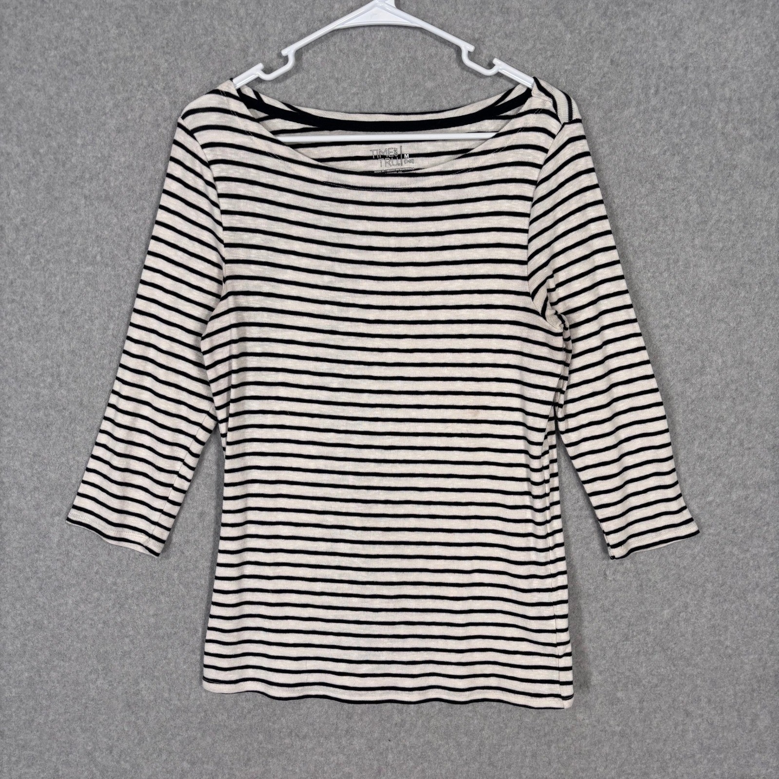 Cream Black Striped Boat Neck Top Medium Nautical Quiet Luxury Neutral Preppy