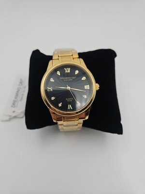 DREAMING Q&P Gold Stainless Steel Men's Wrist Watch Analog Quartz Black Dial