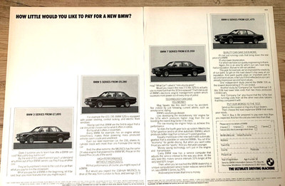 BMW 1980s 3 5 6 7 SERIES E30 E28 E24 E23 - ORIGINAL FRAMEABLE CLASSIC CAR ADVERT