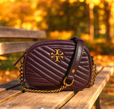 NEW Tory Burch Kira Chevron Fig Burgundy Glazed Leather Small Crossbody Bag
