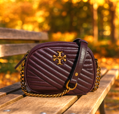 NEW Tory Burch Kira Chevron Fig Burgundy Glazed Leather Small