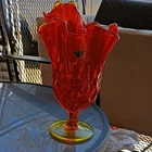 Vintage Fenton Amberina Red Orange Thumbprint Handkerchief Pedistal Flower Vase