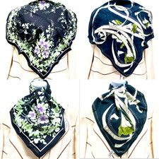 2 NINA RICCI PARIS Cotton Mi SCARF 22" Black purple green white Floral 51