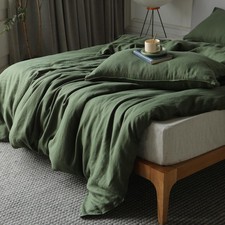 XZ XIFA Green Linen Duvet Cover Full, 100 Washed French Flax Linen Bedding Set