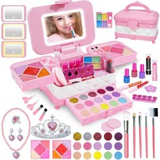 60 in 1 Kids Makeup Kit, with 3-Color Led Makeup Mirror Real Washable Kids Ma...